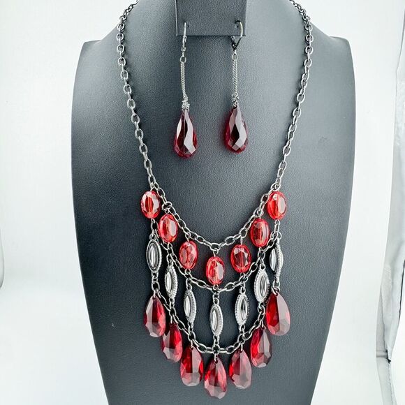 Vintage Parure Blood Red Teardrop Necklace Earrings Set Vampire Glam Bling Drape - Picture 3 of 12